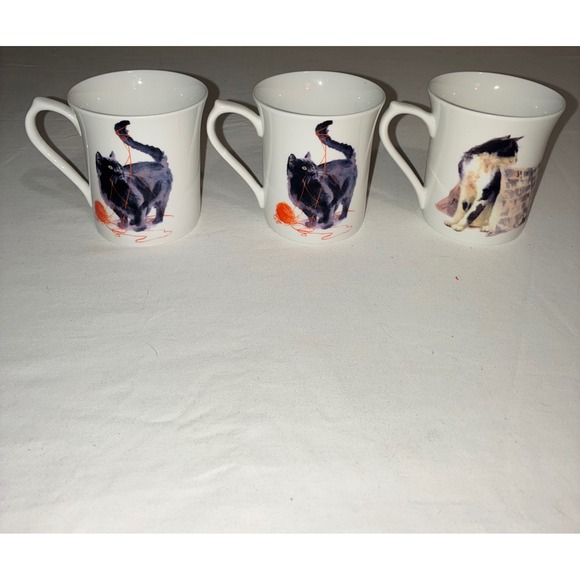 Other - Set of 3 Cat Coffee Mugs Black Cat with Yarn and Calico Cat Ceramic Tea Cups